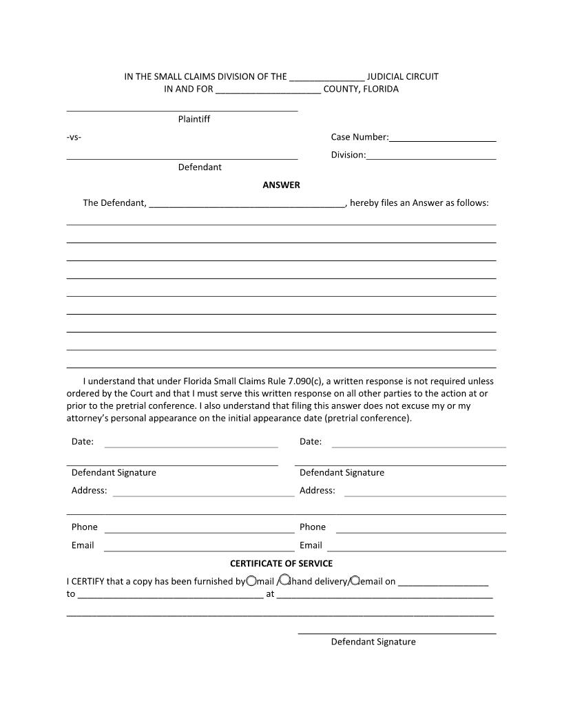 Answer (Small Claims) | Pdf Fpdf Docx | Florida