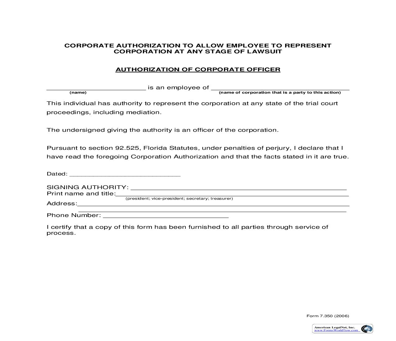 Authorization Of Corporate Officer | Pdf Fpdf Doc Docx | Florida