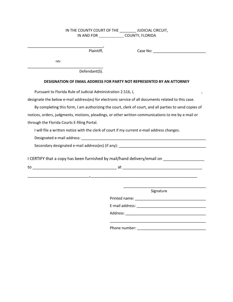 Designation Of Email Address For Party Not Represented By Attorney | Pdf Fpdf Docx | Florida
