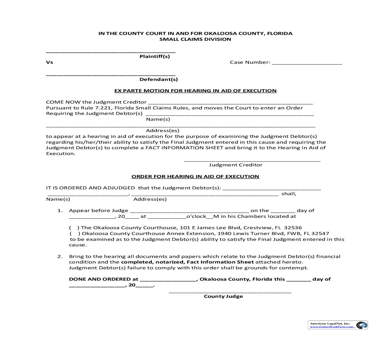 Ex Parte Motion-Order For Hearing In Aid Of Execution | Pdf Fpdf Doc Docx | Florida