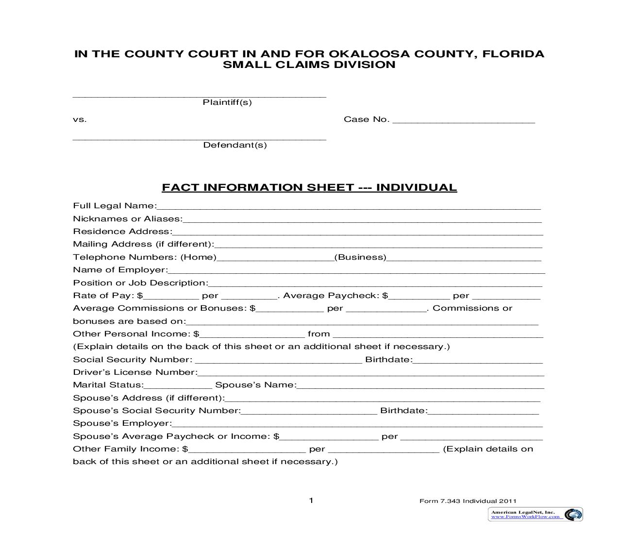 Fact Information Sheet - Individual | Pdf Fpdf Doc Docx | Florida