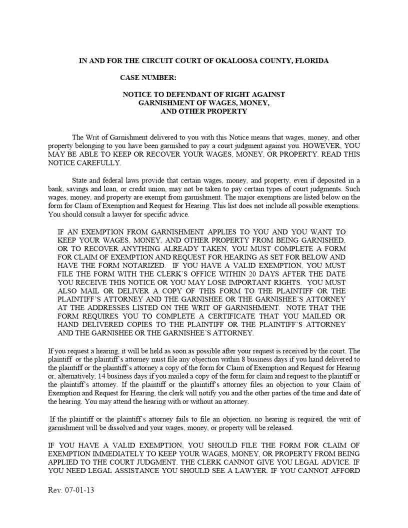 Notice To Defendant Claim Of Exemption Notice Of Hearing | Pdf Fpdf Docx | Florida