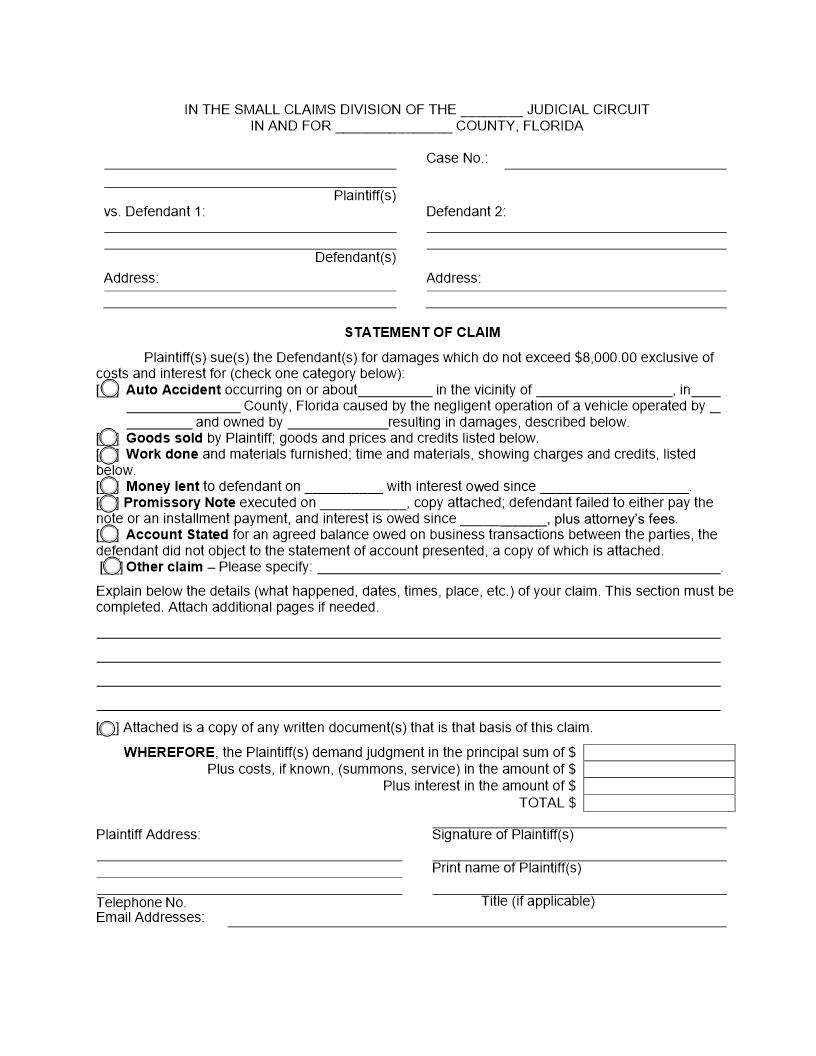 Statement Of Claim (Small Claims) | Pdf Fpdf Doc Docx | Florida