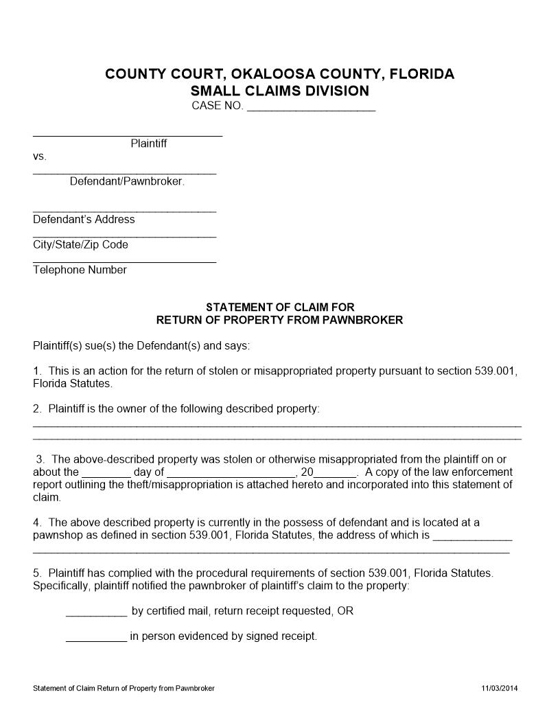 Statement Of Claim For Return Of Property From Pawnbroker | Pdf Fpdf Docx | Florida
