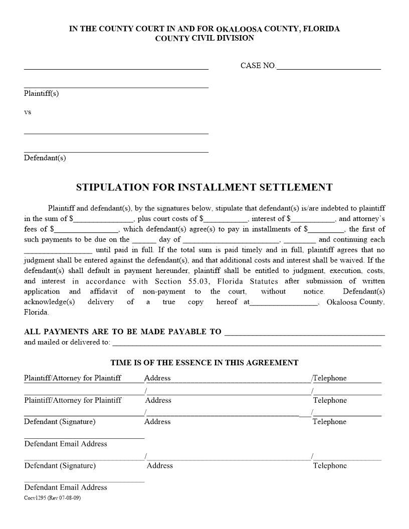 Stipulation For Installment Settlement | Pdf Fpdf Docx | Florida