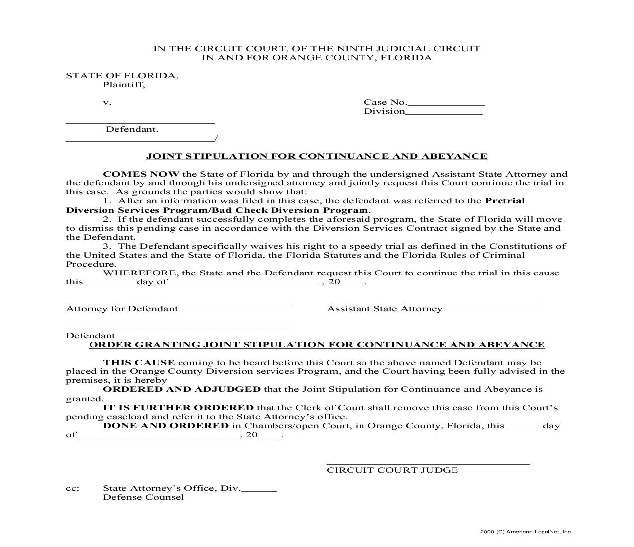 Joint Stipulation For Continuance And Abeyance |  | Florida
