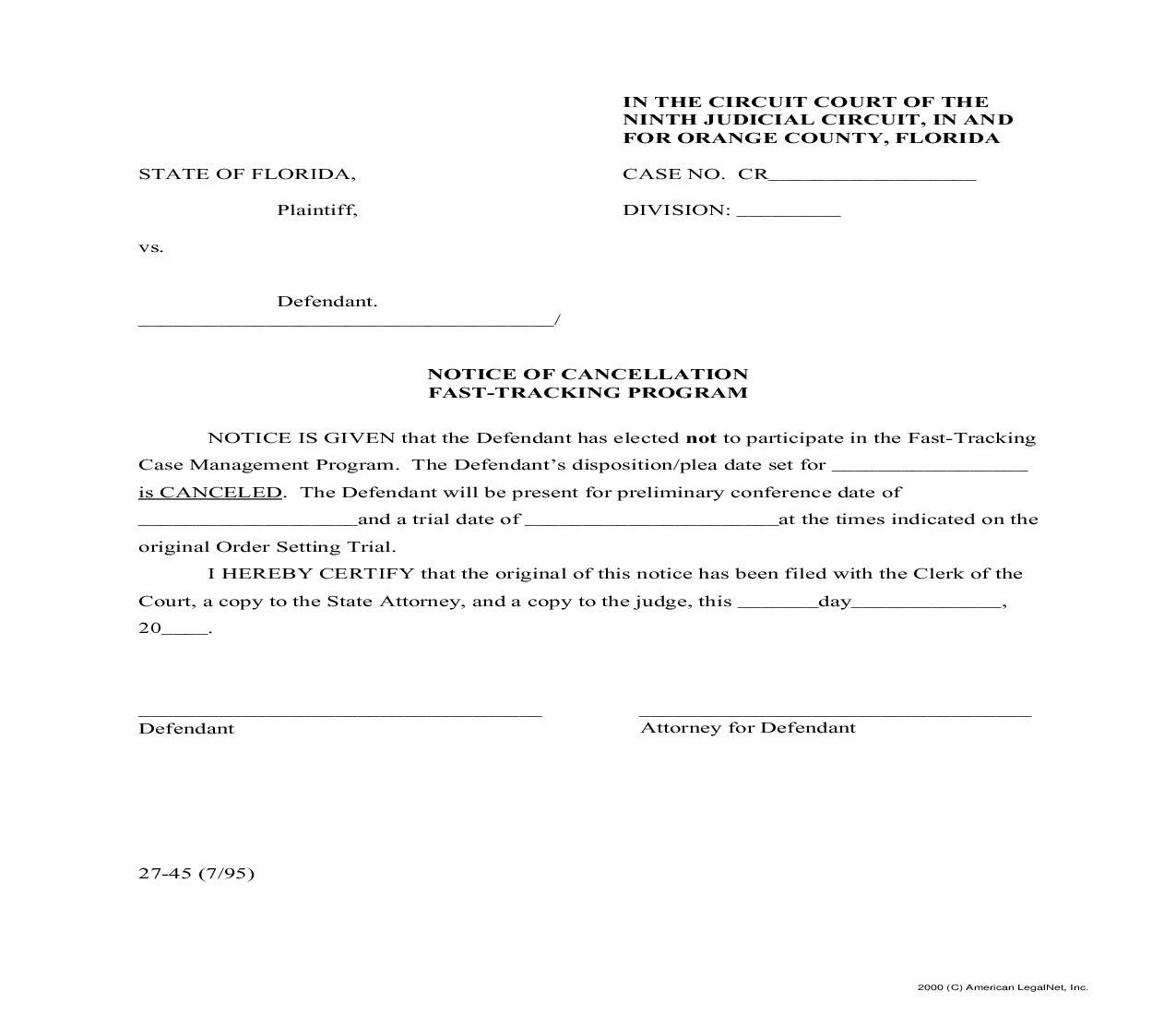 Notice Of Cancellation Fast Tracking Program {27-45} |  | Florida