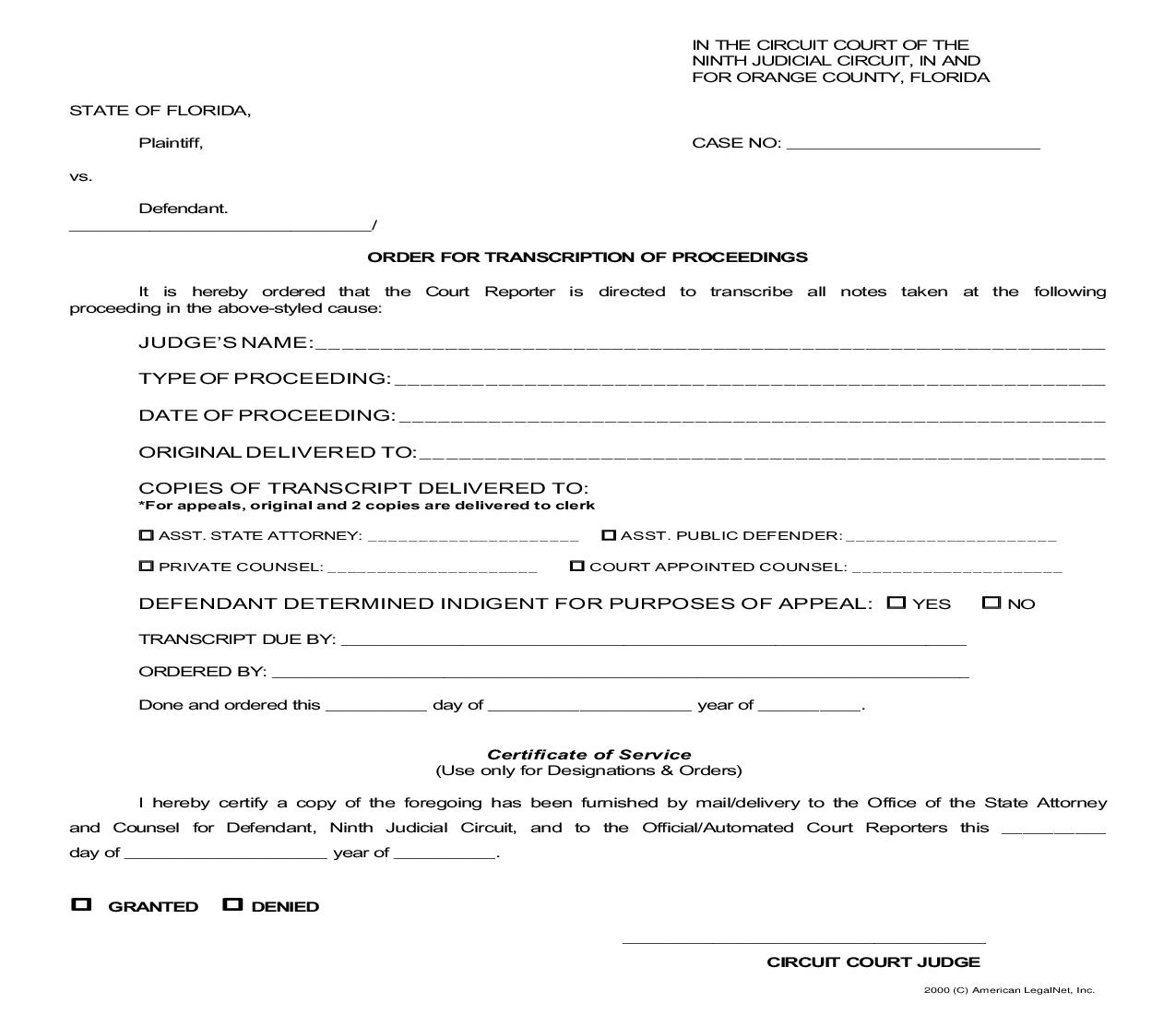 Order For Transcription Of Proceedings |  | Florida