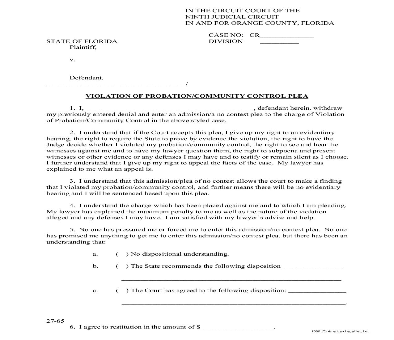 Violation Of Probation Community Control Plea {27-65} |  | Florida