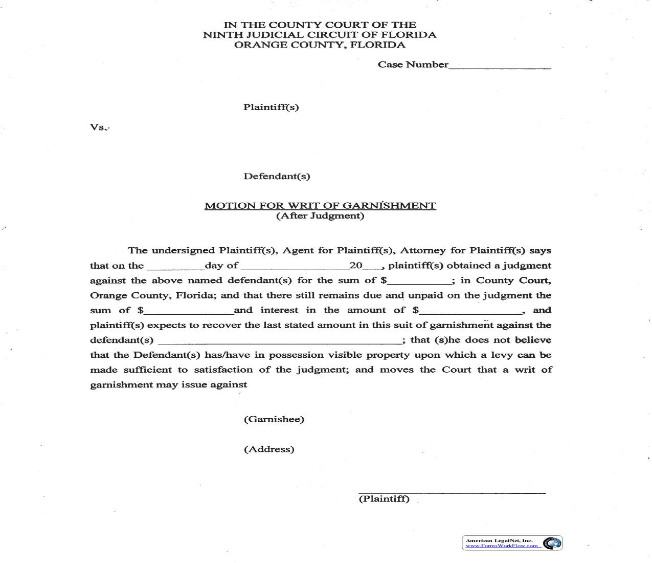 Motion For Writ Of Garnishment After Judgment | Pdf Fpdf Doc Docx | Florida