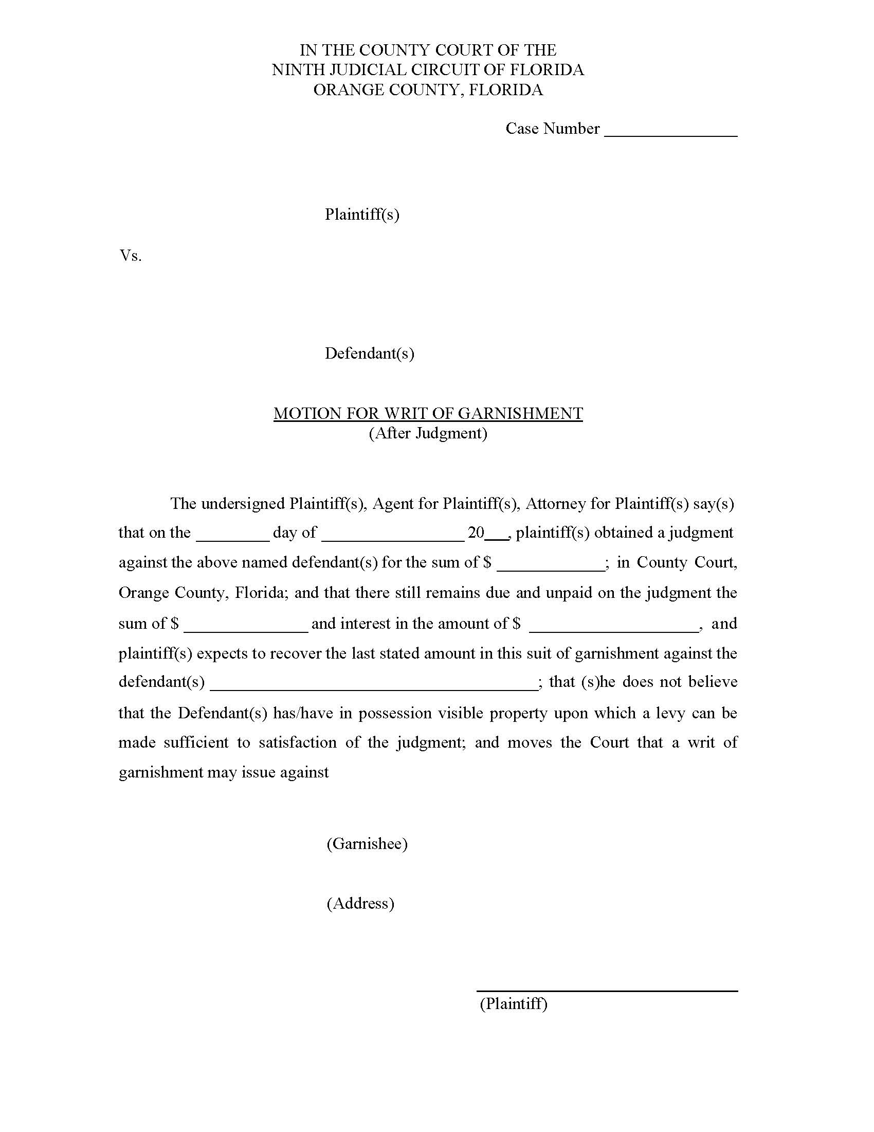 Motion For Writ Of Garnishment After Judgment | Pdf Fpdf Doc Docx | Florida