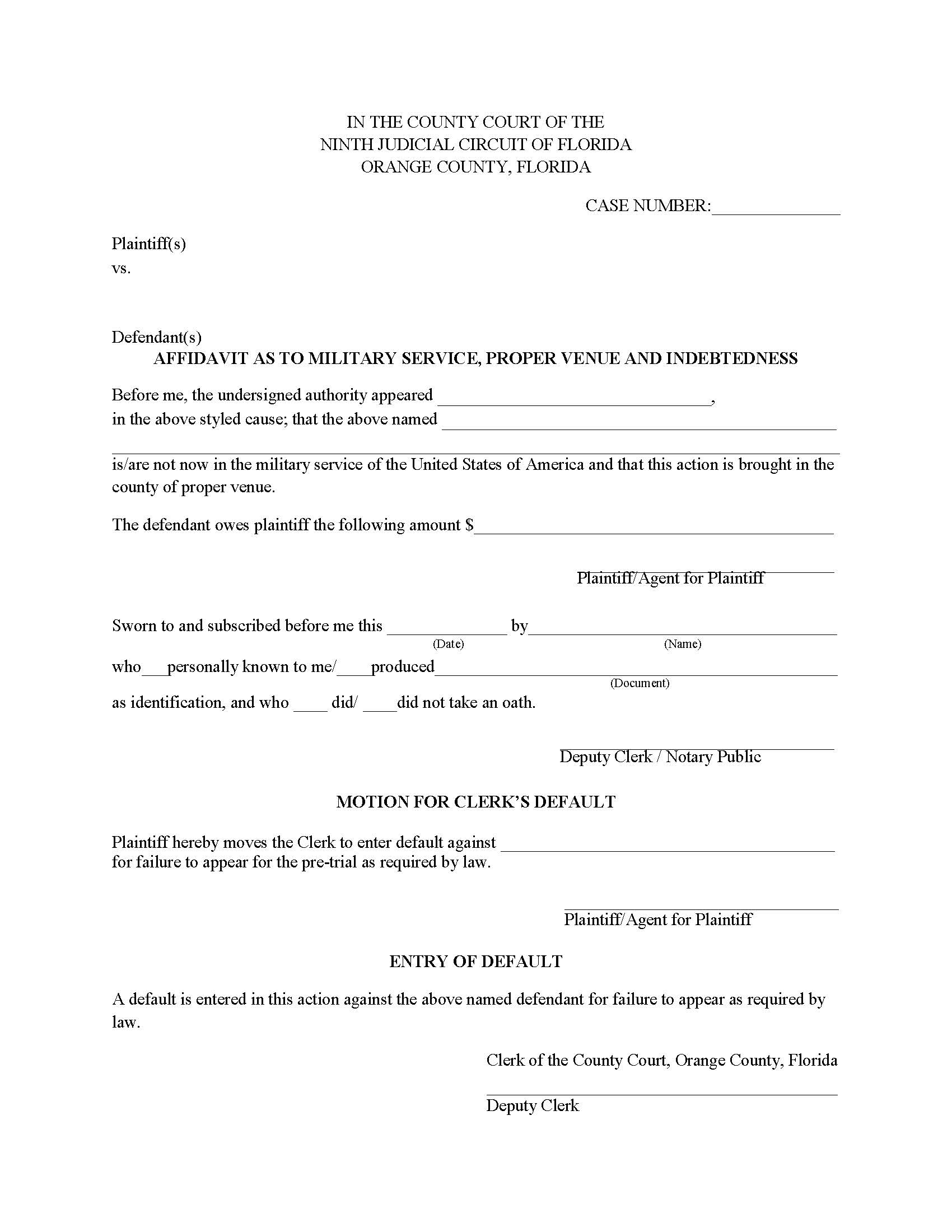 Affidavit As To Military Service Proper Venue And Indebtedness | Pdf Fpdf Doc Docx | Florida