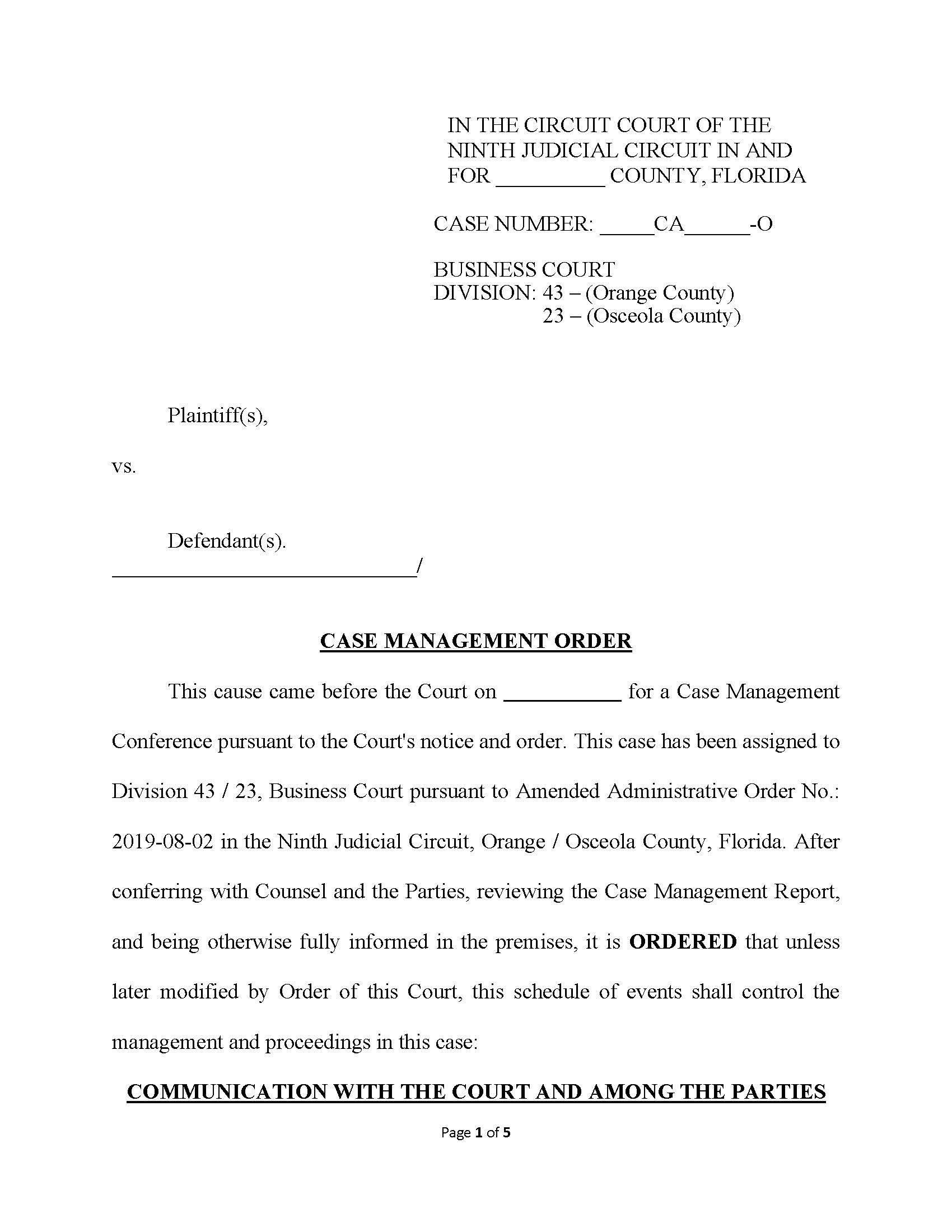Case Management Order (Business Court - Judge Jordan) {Or CMO-BCJEJ} | Pdf Fpdf Docx | Florida