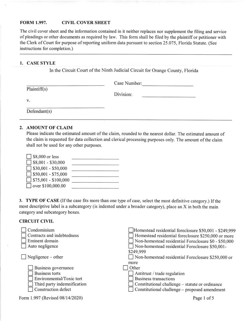 Civil Cover Sheet With Business Court Addendum | Pdf Fpdf Docx | Florida