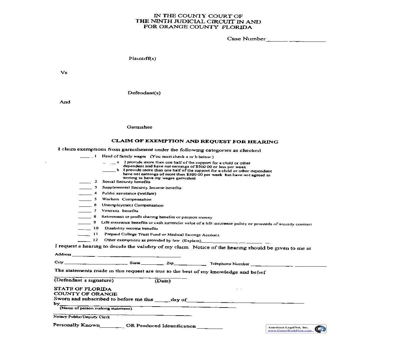 Claim Of Exemption And Request For Hearing | Pdf Fpdf Doc Docx | Florida