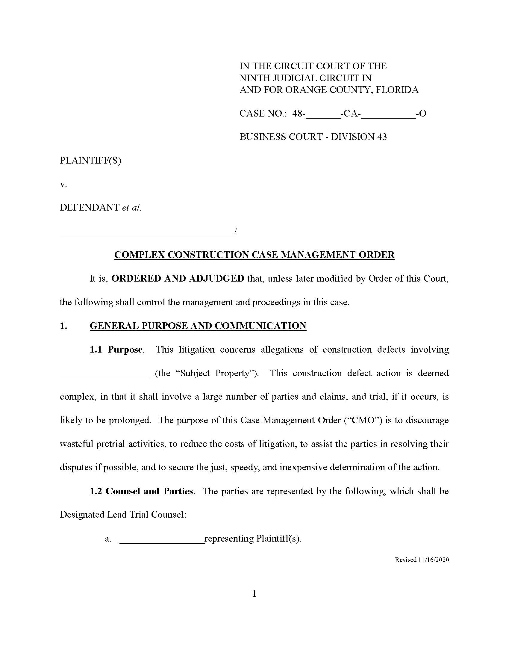 Complex Construction Case Management Order | Pdf Fpdf Docx | Florida