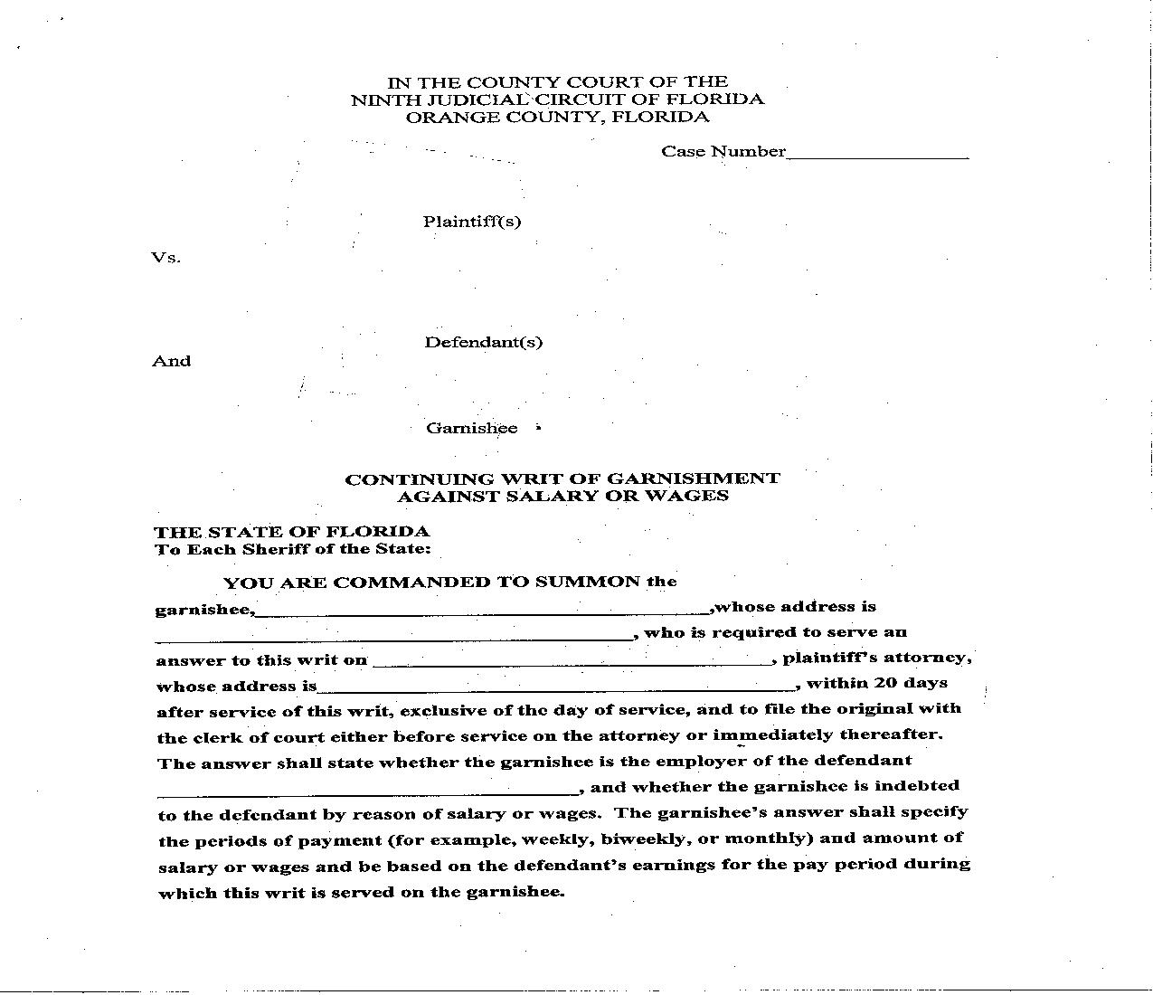 Continuing Writ Of Garnishment Against Salary Or Wages | Pdf Fpdf Doc Docx | Florida