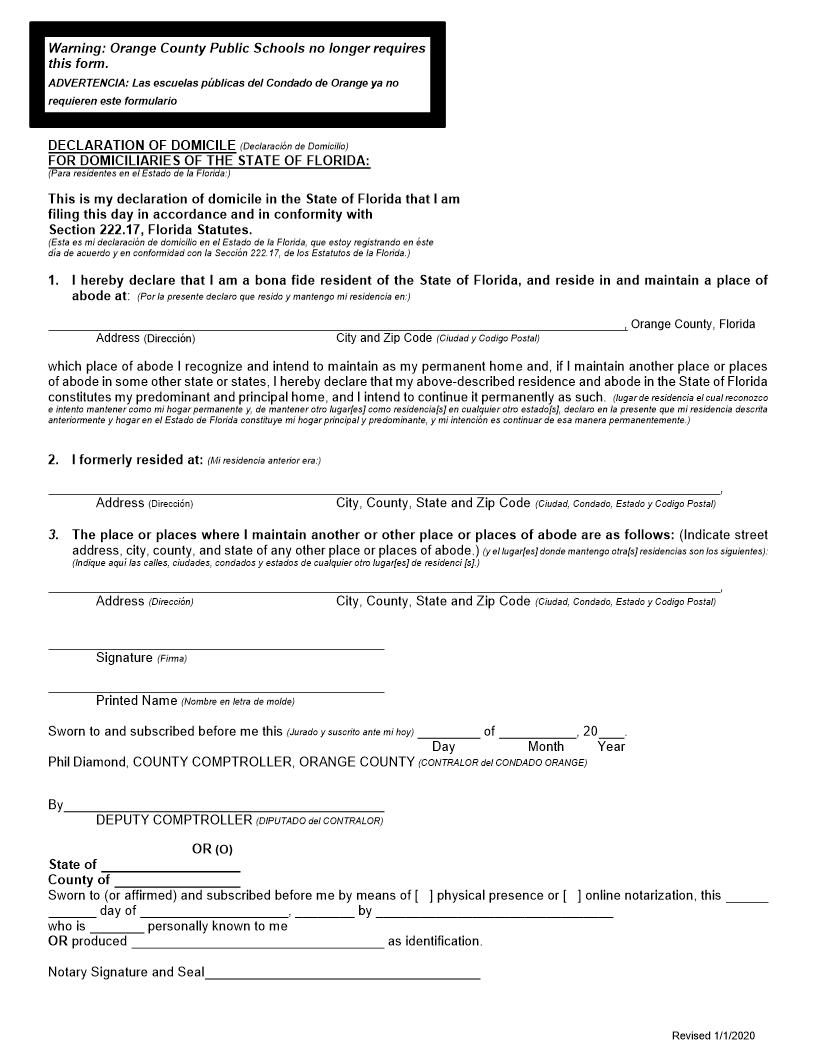 Declaration Of Domicile (English-Spanish) | Pdf Fpdf Doc Docx | Florida