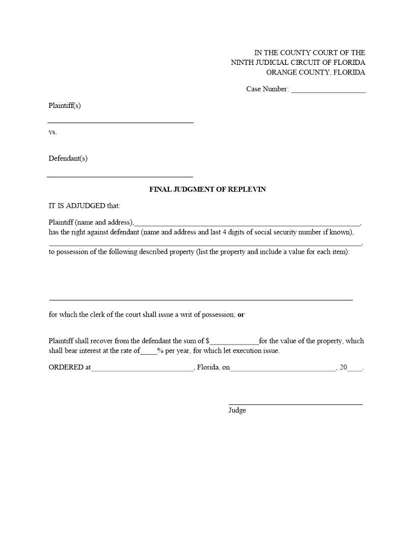 Final Judgment Of Replevin | Pdf Fpdf Docx | Florida
