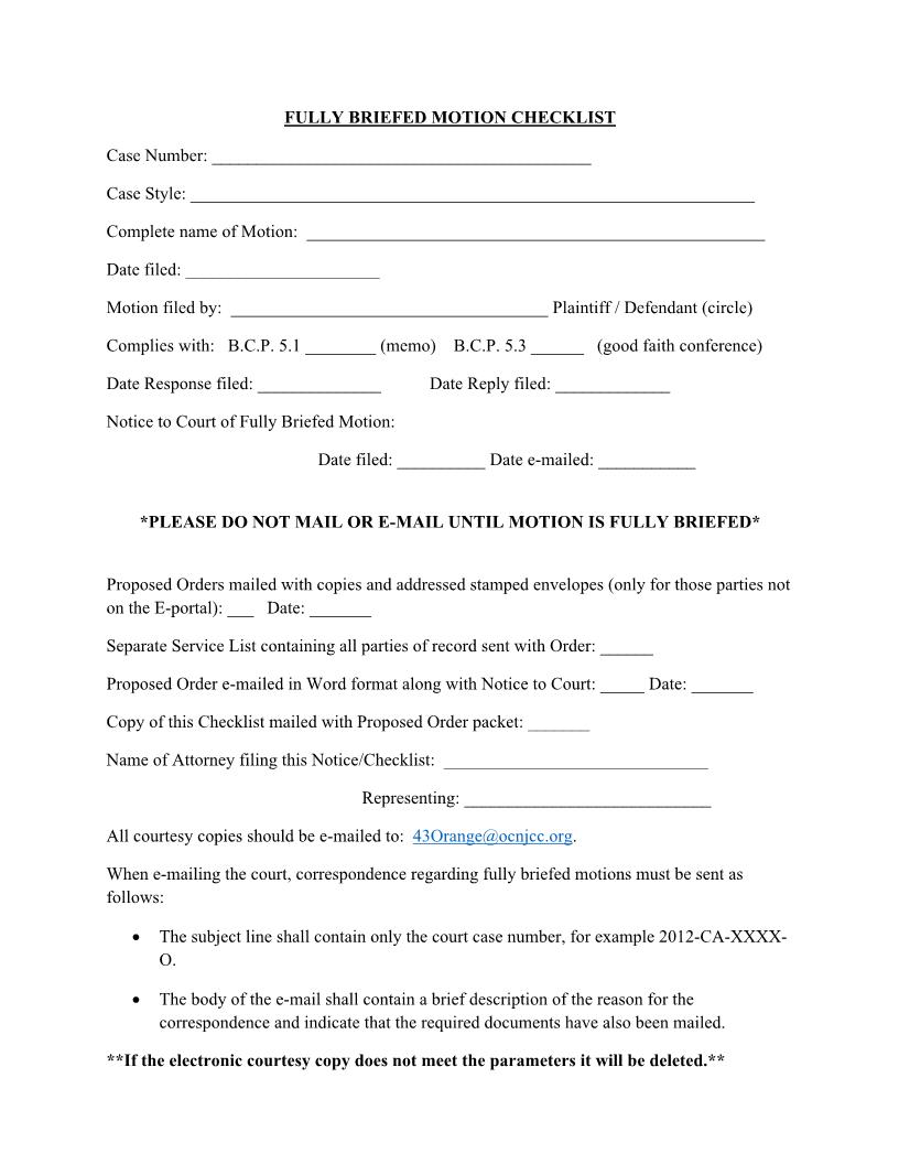 Fully Briefed Motion Checklist | Pdf Fpdf Docx | Florida
