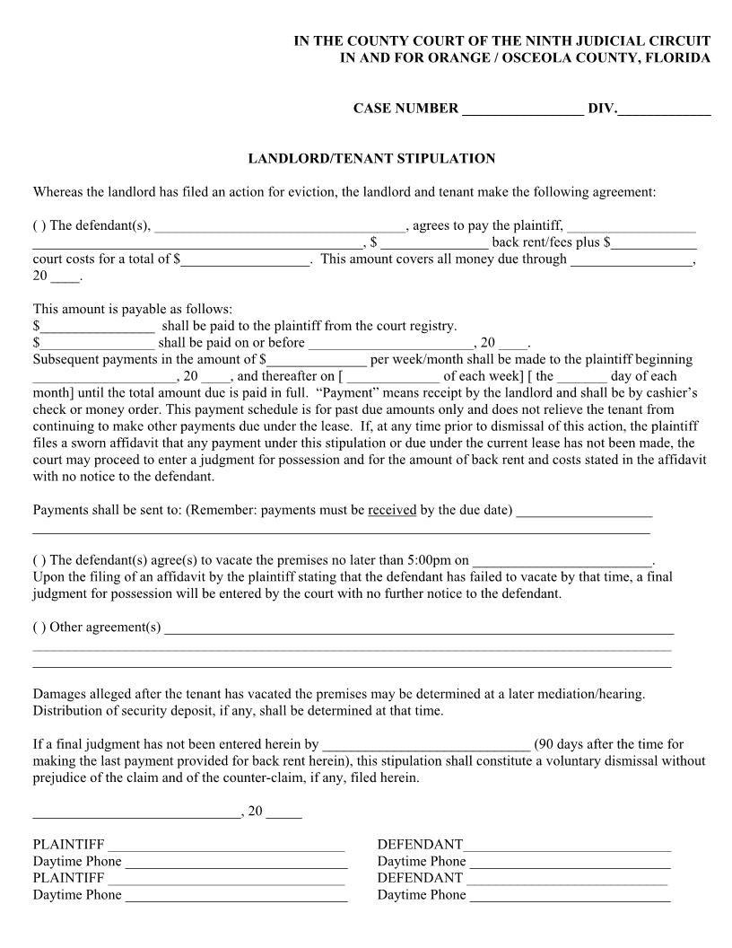 Landlord-Tenant Stipulation | Pdf Fpdf Docx | Florida