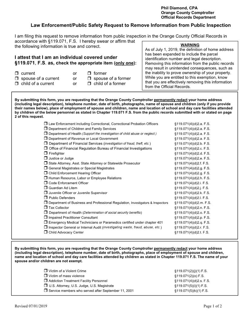 Law Enforcement-Public Safety Request Remove Information From Public Inspection | Pdf Fpdf Docx | Florida