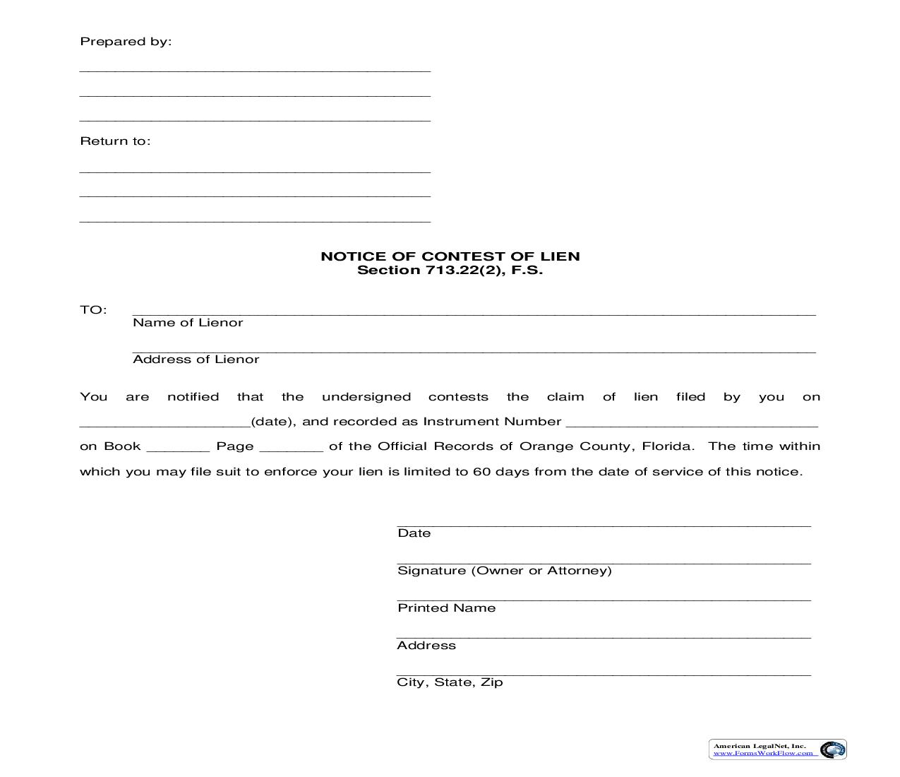 Notice Of Contest Of Lien | Pdf Fpdf Doc Docx | Florida