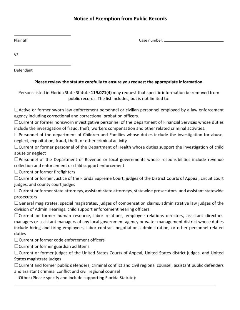 Notice Of Exemption From Public Records | Pdf Fpdf Docx | Florida