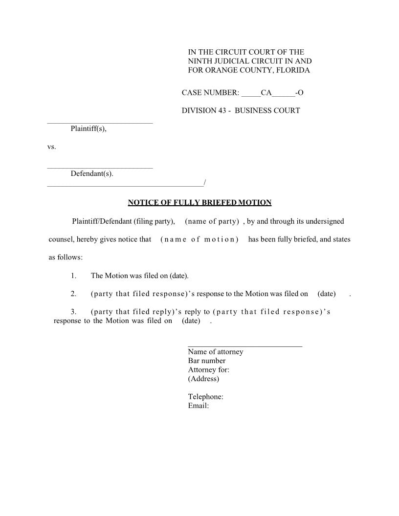 Notice Of Fully Briefed Motion (Business Court) {Or NFBM-BC} | Pdf Fpdf Docx | Florida