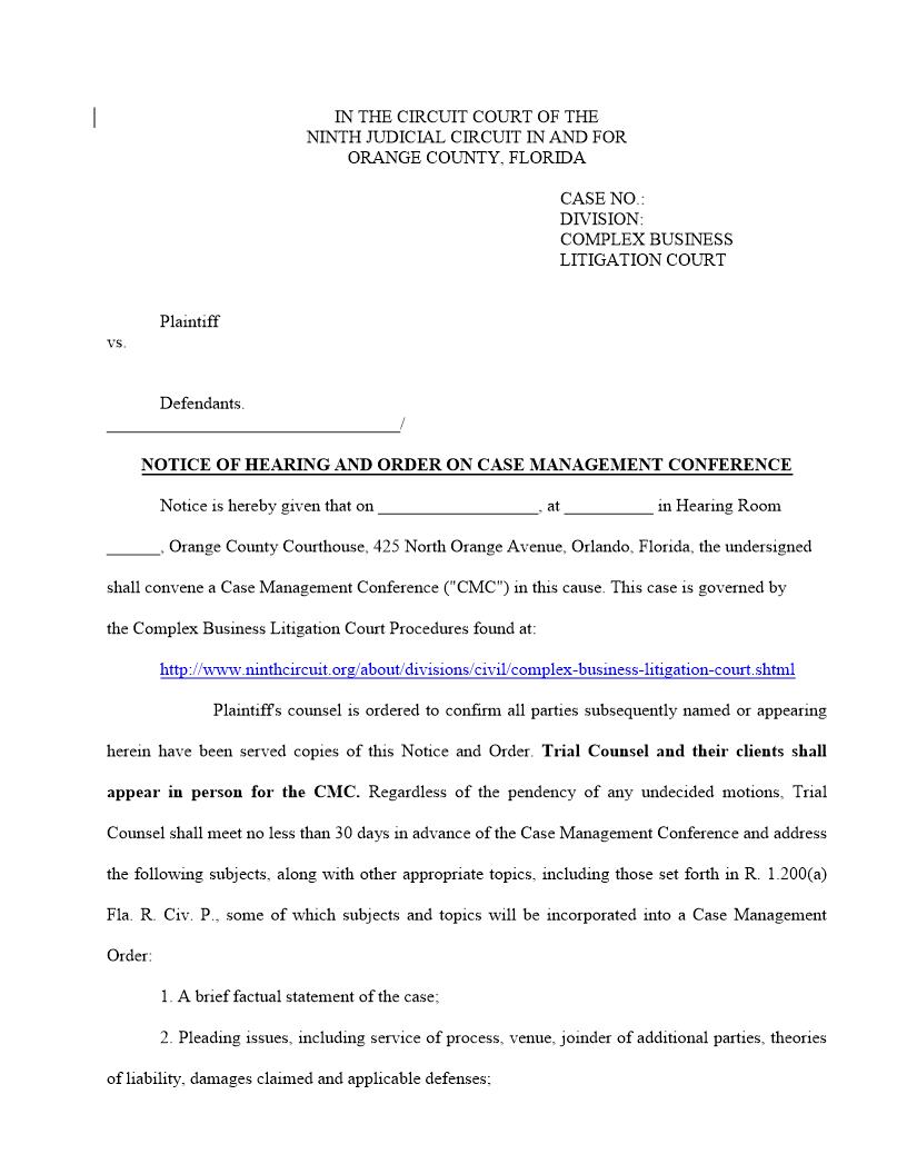 Notice Of Hearing And Order Case Management Conference (Business Court) | Pdf Fpdf Docx | Florida