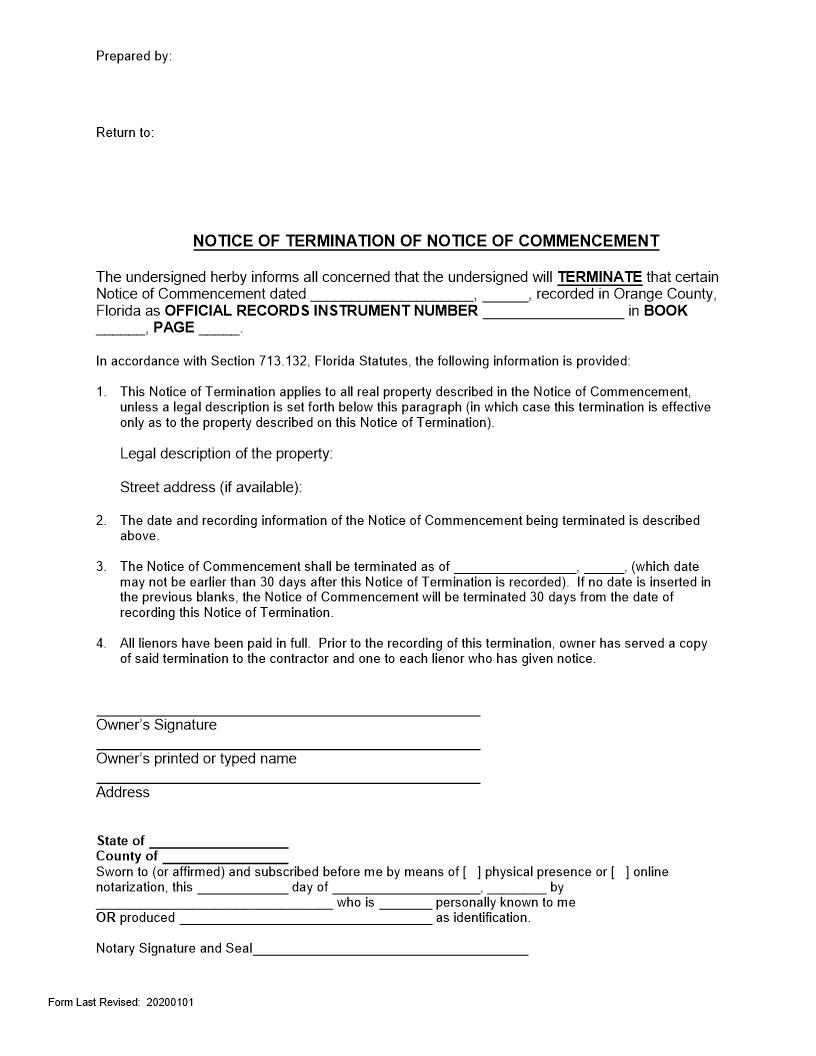Notice Of Termination Of Notice of Commencement | Pdf Fpdf Doc Docx | Florida