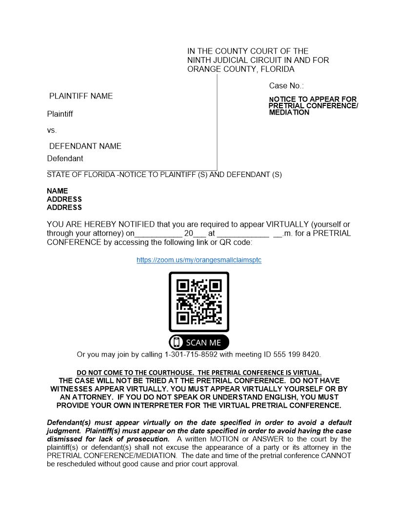 Notice To Appear For Pretrial Conference-Mediation | Pdf Fpdf Doc Docx | Florida