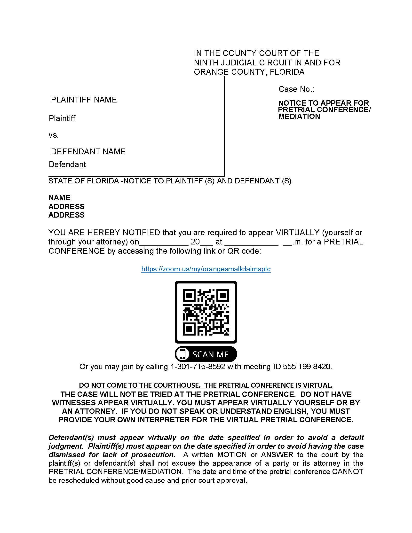 Notice To Appear For Pretrial Conference-Mediation | Pdf Fpdf Doc Docx | Florida