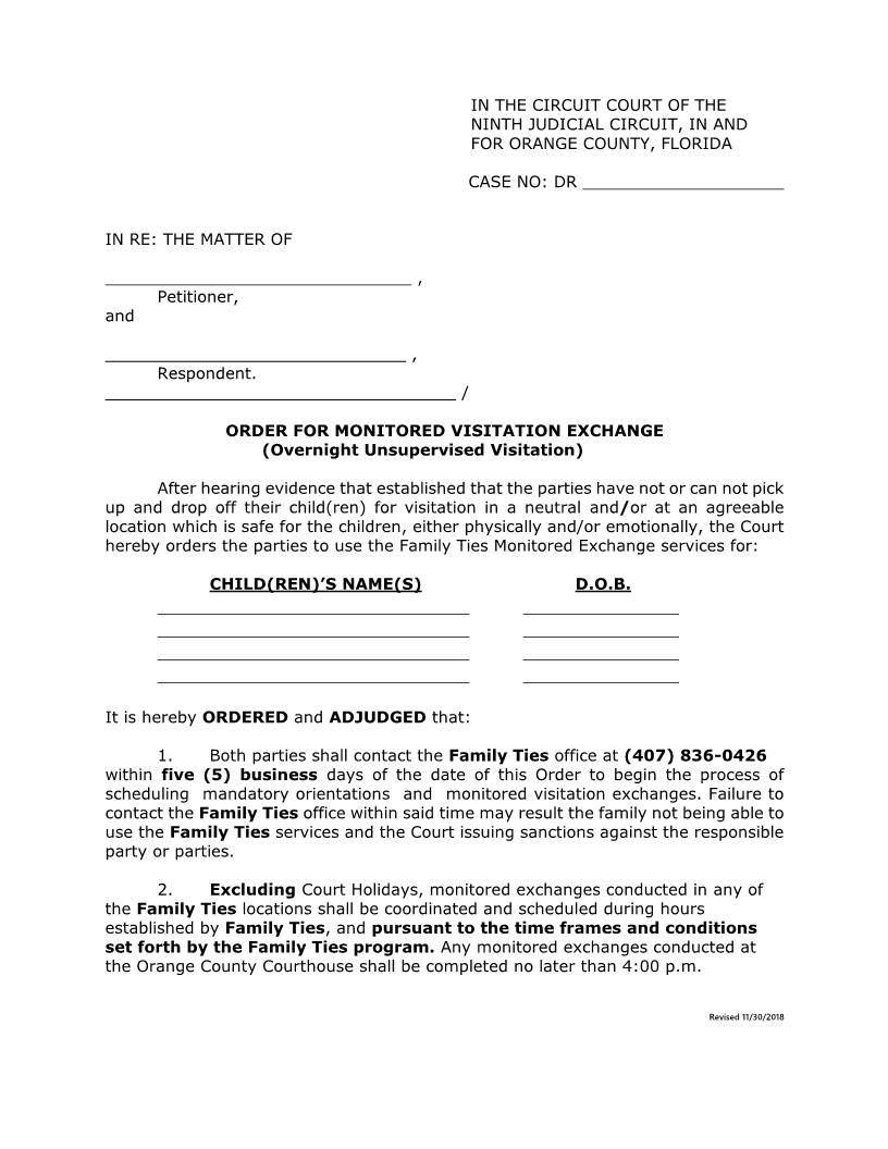 Order For Monitored Visitation Exchange (Overnight Unsupervised Visitation) | Pdf Fpdf Docx | Florida