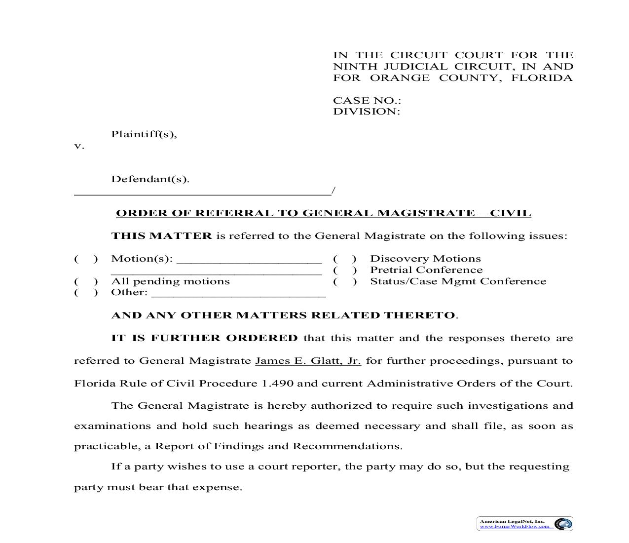 Order Of Referral To General Magistrate - Civil | Pdf Fpdf Doc Docx | Florida