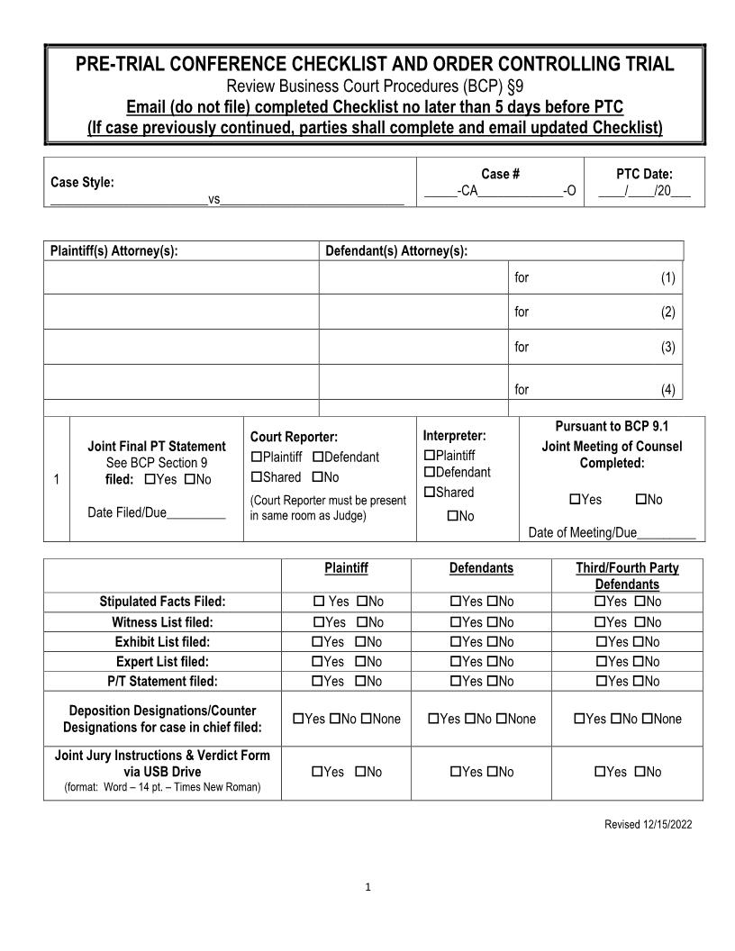 Pre-Trial Conference Checklist And Order Controlling Trial (Business Court) {Or PTCCOCT-BC} | Pdf Fpdf Docx | Florida