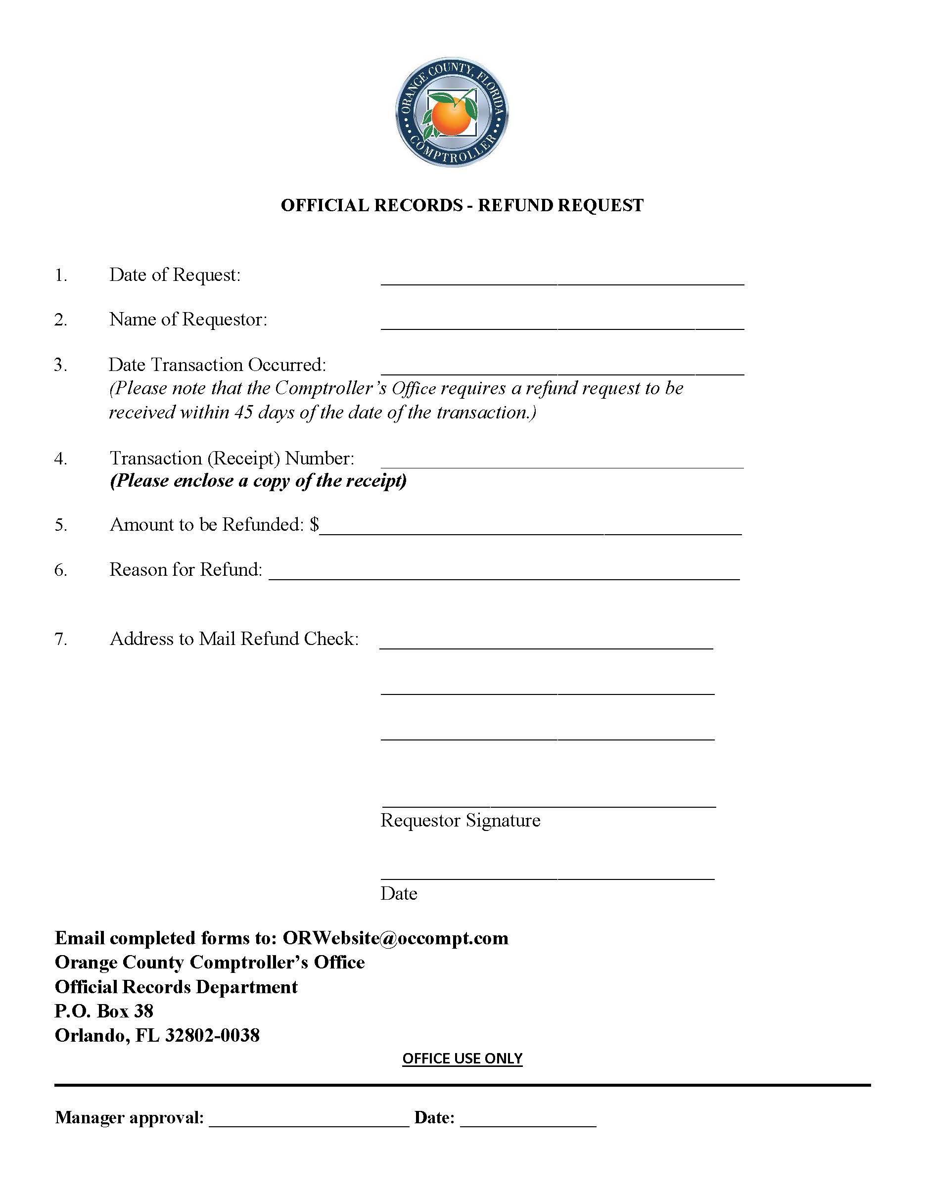 Refund Request Of The Orange County Comptrollers Official Records Department | Pdf Fpdf Docx | Florida