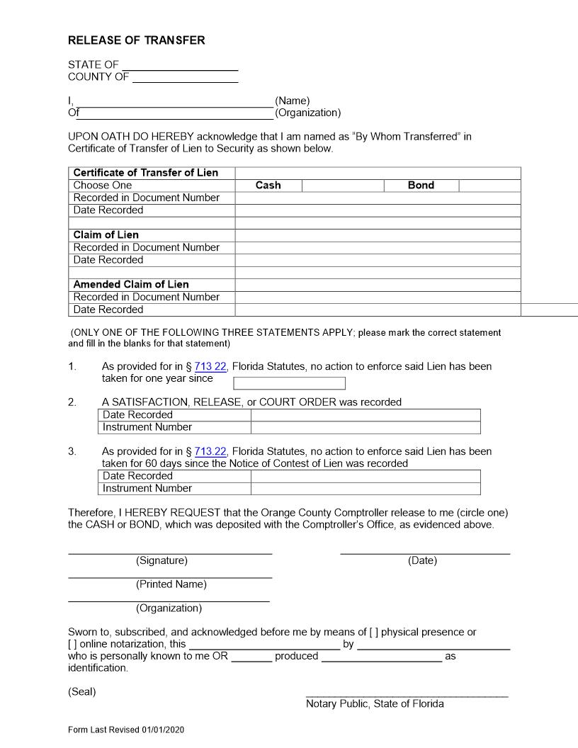 Release Of Transfer (Of Lien) | Pdf Fpdf Docx | Florida