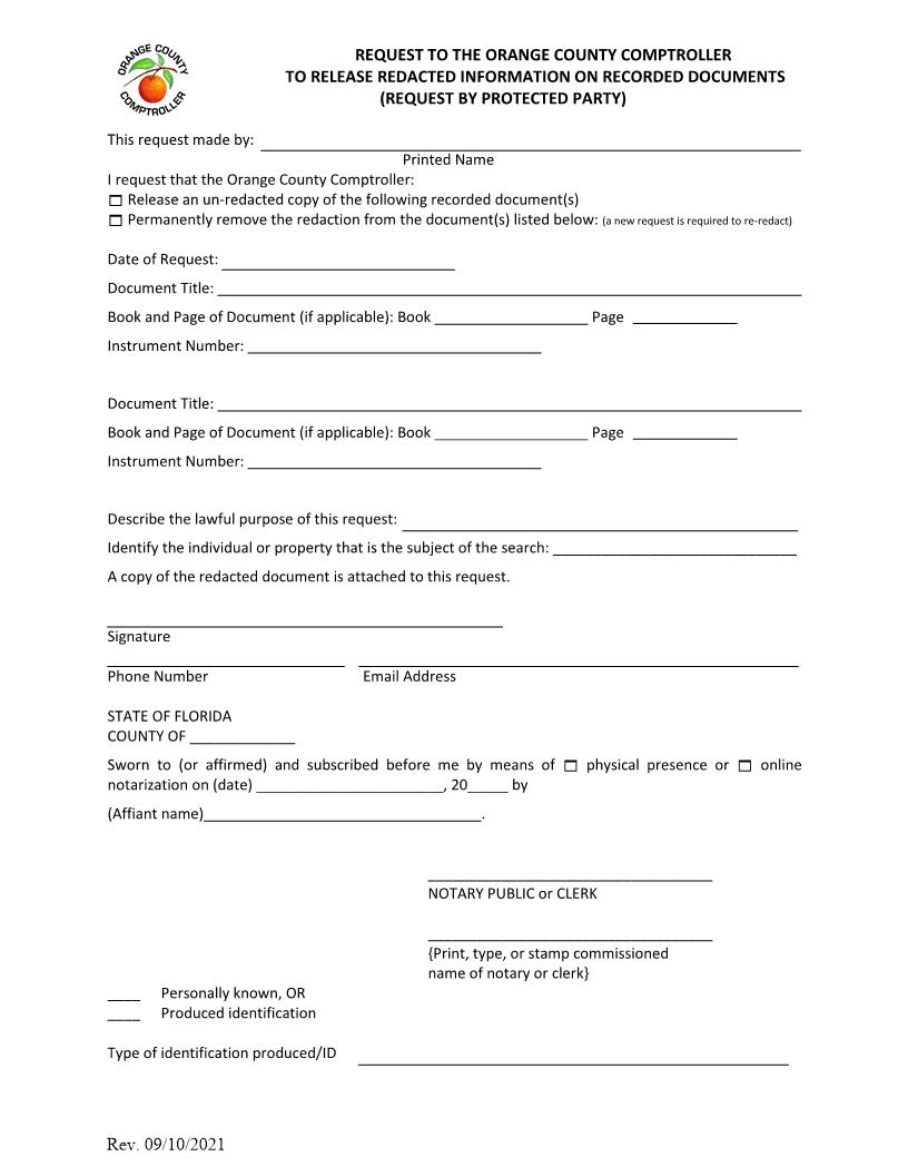 Request (By Protected Party) To OC Comptroller To Release Redacted Information | Pdf Fpdf Docx | Florida