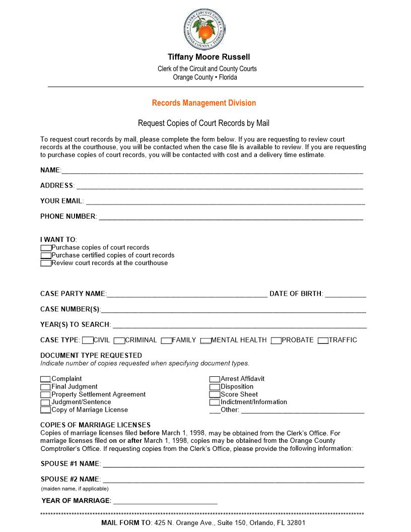 Request Copies Of Court Records By Mail | Pdf Fpdf Docx | Florida