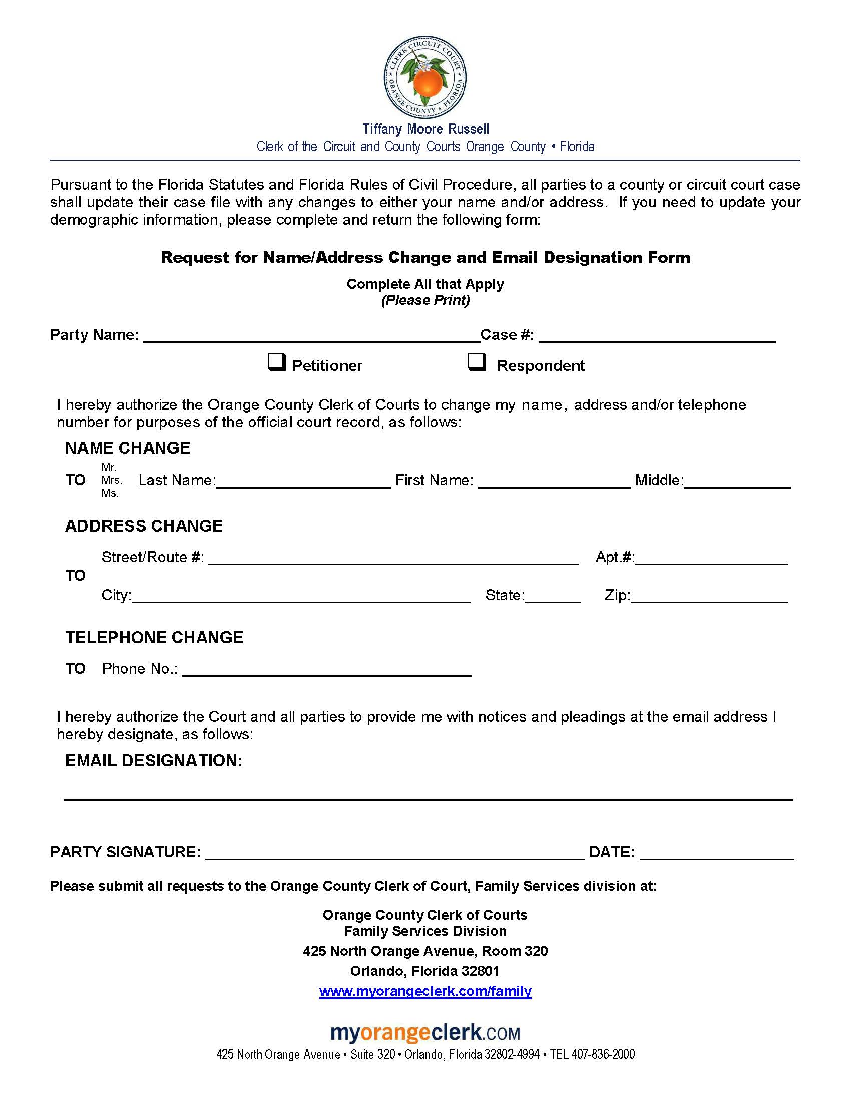 Request For Name-Address Change And Email Designation Form {OCfl RNACED} | Pdf Fpdf Docx | Florida