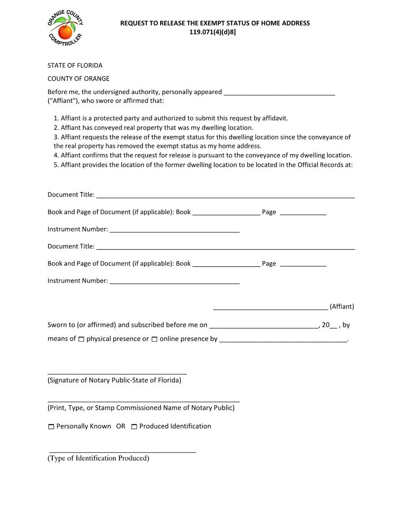 Request To Release Exempt Status Of Home Address | Pdf Fpdf Docx | Florida