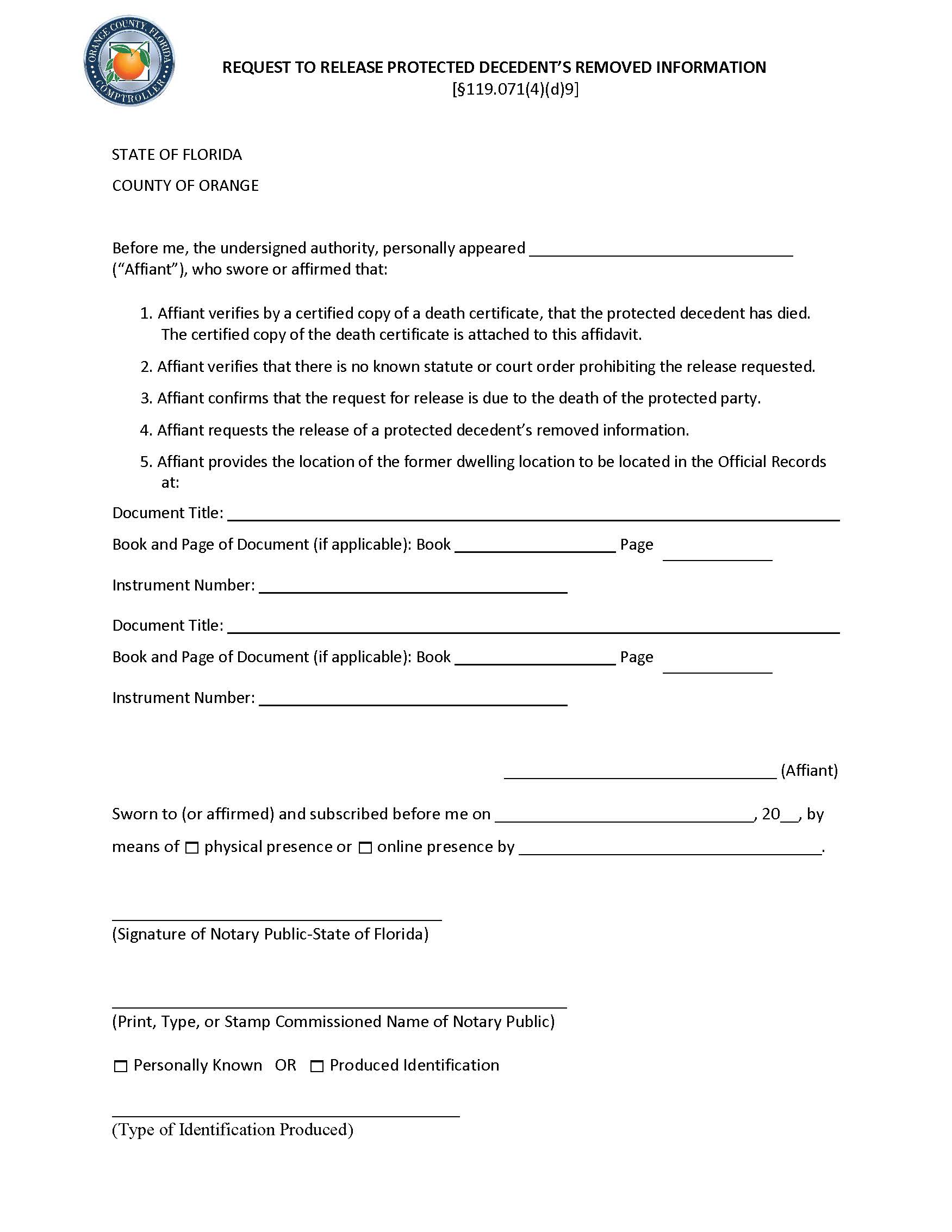 Request To Release Protected Decedents Removed Information | Pdf Fpdf Docx | Florida