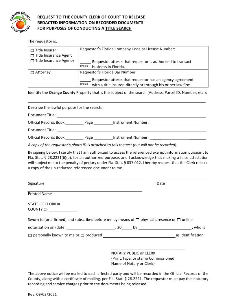 Request To Release Redacted Information On Recorded Documents For Title Search | Pdf Fpdf Docx | Florida