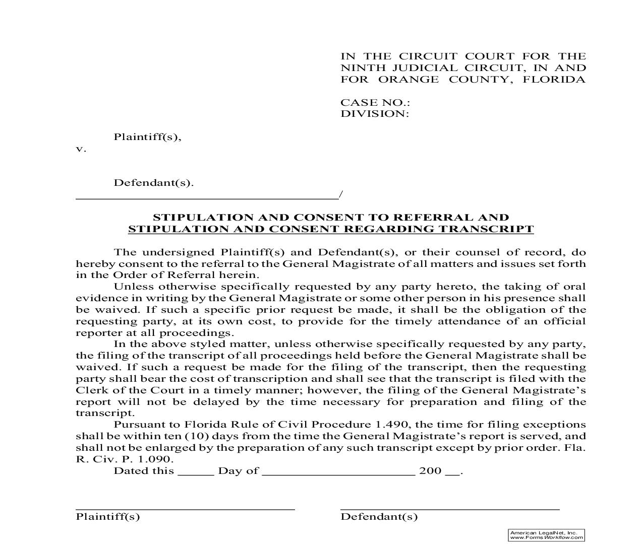 Stipulation And Consent To Referral And Regarding Transcript | Pdf Fpdf Doc Docx | Florida