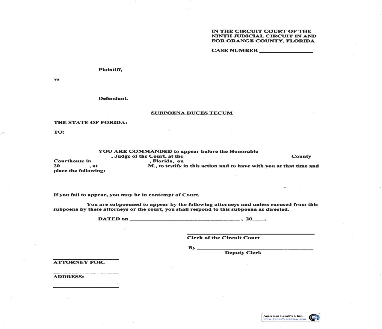 Subpoena Duces Tecum (Trial - Circuit Court) | Pdf Fpdf Doc Docx | Florida