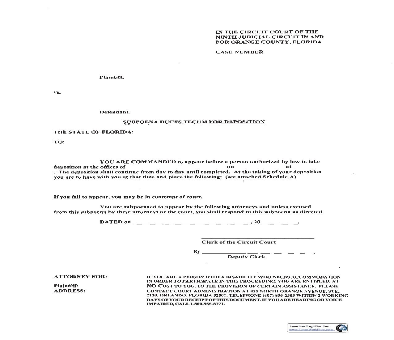 Subpoena Duces Tecum For Deposition (Circuit Court) | Pdf Fpdf Doc Docx | Florida