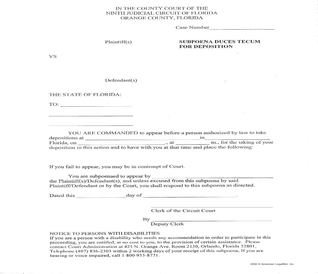 Subpoena Duces Tecum For Deposition (County Court) | Pdf Fpdf Doc Docx | Florida