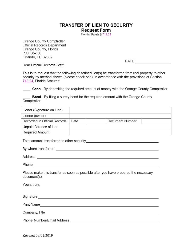 Transfer Of Lien To Security Request Form | Pdf Fpdf Docx | Florida