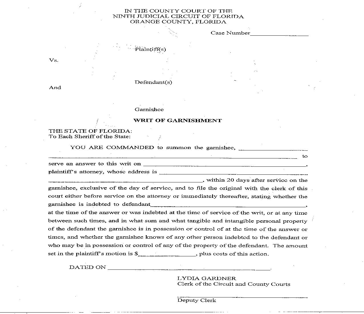 Writ Of Garnishment | Pdf Fpdf Doc Docx | Florida